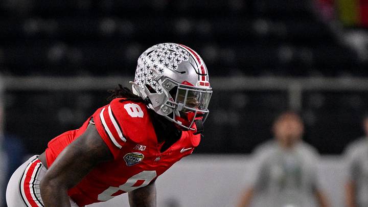 Dec 31, 2025; Arlington, TX, USA; Ohio State Buckeyes linebacker Arvell Reese (8) gets into position during the 2025 Cotton Bowl and quarterfinal game of the College Football Playoff at AT&T Stadium. Mandatory Credit: Jerome Miron-Imagn Images