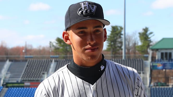 Hudson Valley Renegades infielder George Lombard Jr. is interviewed during media day on April 1, 2025