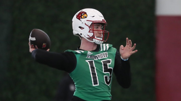 Louisville football QB Harrison Bailey (15) during spring practice at the Trager practice facility in Louisville, Ky. on Mar. 19, 2024