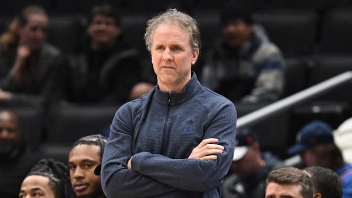 Feb 20, 2026; Washington, District of Columbia, USA; Washington Wizards head coach Brian Keefe during the first quarter against the Indiana Pacers at Capital One Arena. Mandatory Credit: Rafael Suanes-Imagn Images