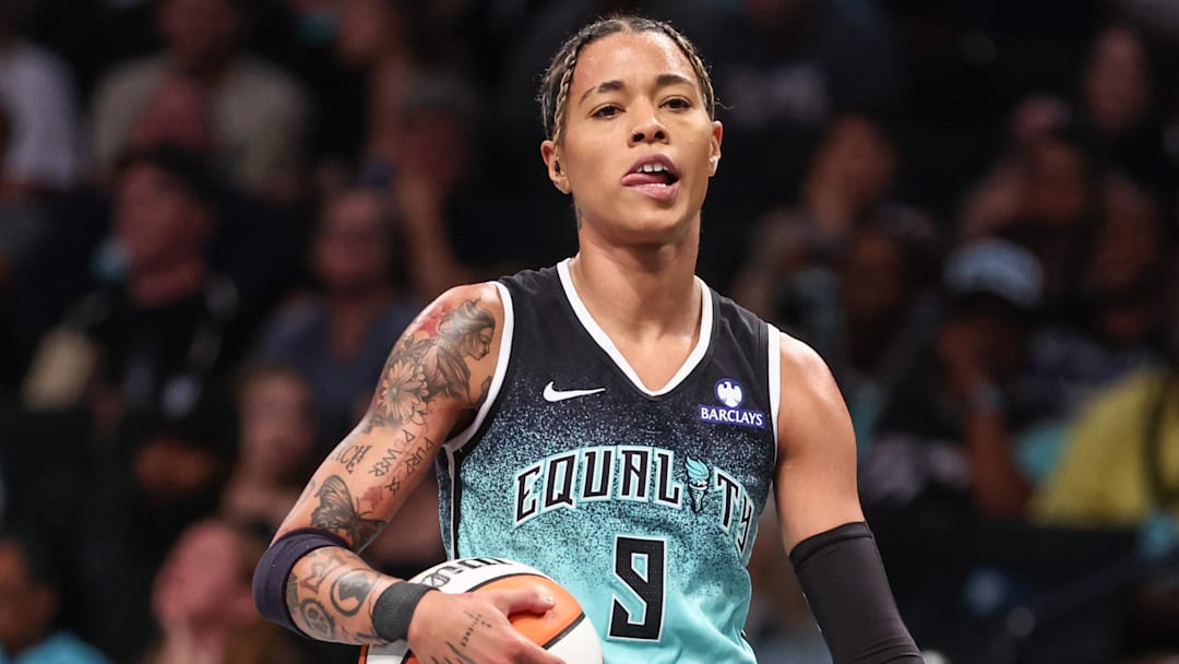 Aug 19, 2025; Brooklyn, New York, USA;  New York Liberty guard Natasha Cloud (9) at Barclays Center. Mandatory Credit: Wendell Cruz-Imagn Images