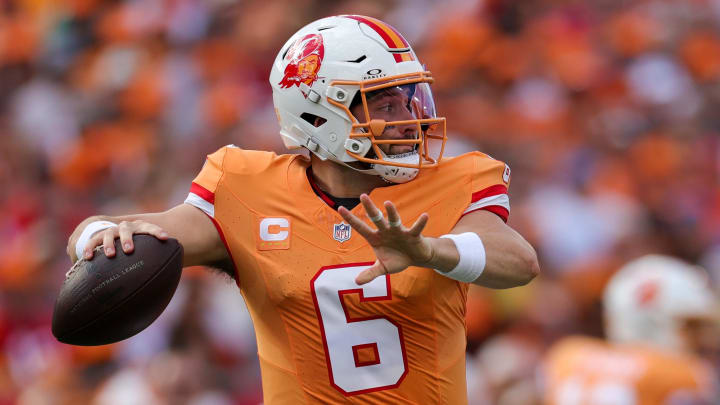 Oct 15, 2023; Tampa, Florida, USA;  Tampa Bay Buccaneers quarterback Baker Mayfield (6) drops back to pass against the Detroit Lions in the first quarter at Raymond James Stadium. Mandatory Credit: Nathan Ray Seebeck-USA TODAY Sports