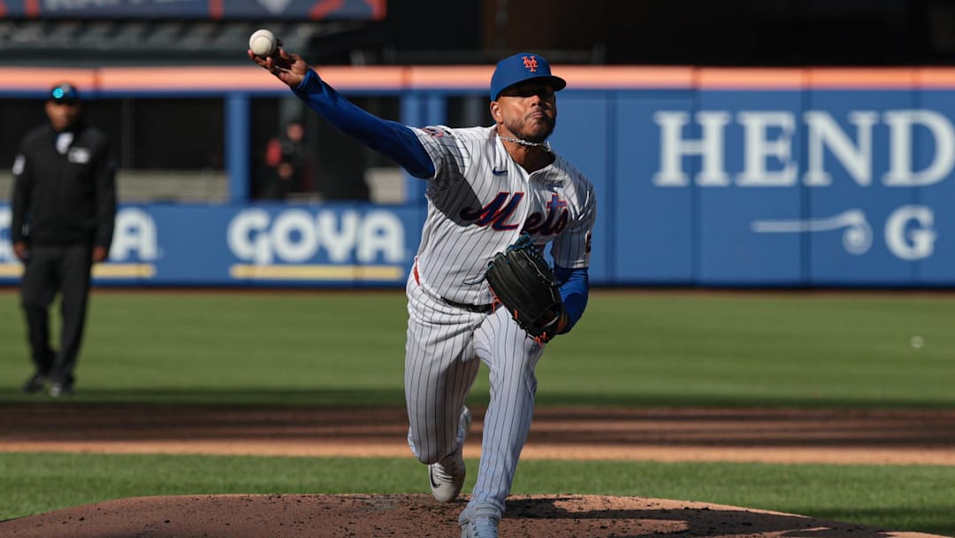 Apr 7, 2026; New York City, New York, USA;  New York Mets pitcher Freddy Peralta (51) delivers a pitch during the third inning against the Arizona Diamondbacks at Citi Field. Mandatory Credit: Vincent Carchietta-Imagn Images