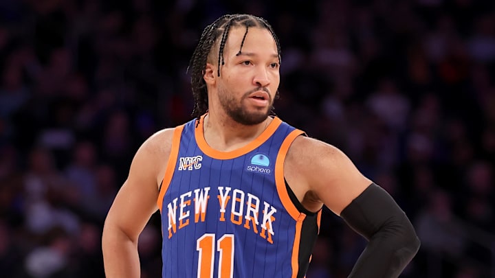 Mar 10, 2024; New York, New York, USA; New York Knicks guard Jalen Brunson (11) reacts during the third quarter against the Philadelphia 76ers at Madison Square Garden. Mandatory Credit: Brad Penner-Imagn Images