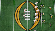 Jan 20, 2025; Atlanta, GA, USA; A general view as the Ohio State Buckeyes offense prepares to snap the ball during the second quarter against the Notre Dame Fighting Irish the College Football Playoff National Championship game at Mercedes-Benz Stadium. Mandatory Credit: James Lang-Imagn Images