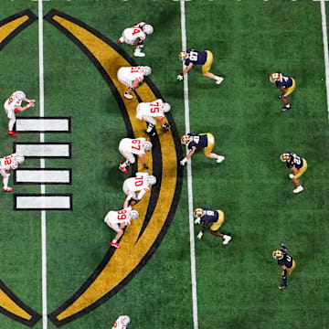 Jan 20, 2025; Atlanta, GA, USA; A general view as the Ohio State Buckeyes offense prepares to snap the ball during the second quarter against the Notre Dame Fighting Irish the College Football Playoff National Championship game at Mercedes-Benz Stadium. Mandatory Credit: James Lang-Imagn Images