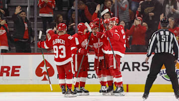 Jan 10, 2025; Detroit, Michigan, USA; The Detroit Red Wings celebrate a goal in the third period of the game against the Chicago Blackhawks at Little Caesars Arena. Mandatory Credit: Brian Bradshaw Sevald-Imagn Images