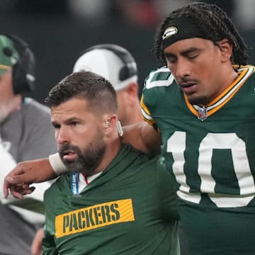 Sep 6, 2024; Sao Paulo, BRA; Green Bay Packers quarterback Jordan Love (10) is assisted off the field after an injury during the second half against the Philadelphia Eagles at Neo Quimica Arena.