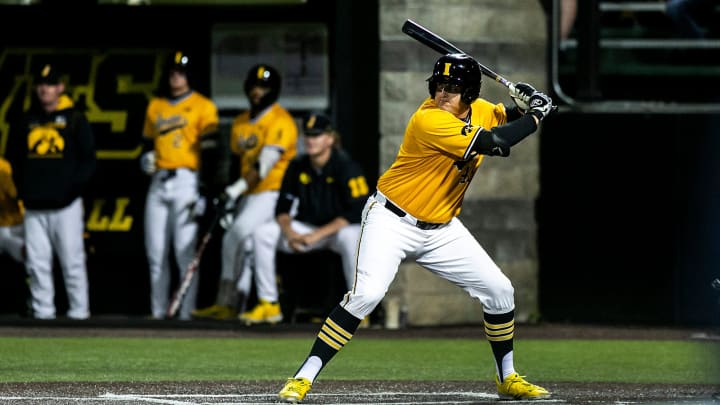 Iowa's Peyton Williams (45) bats during a NCAA Big Ten Conference baseball game against Indiana, Saturday, May 21, 2022, at Duane Banks Field in Iowa City, Iowa.

220521 Indiana Iowa Bsb 023 Jpg