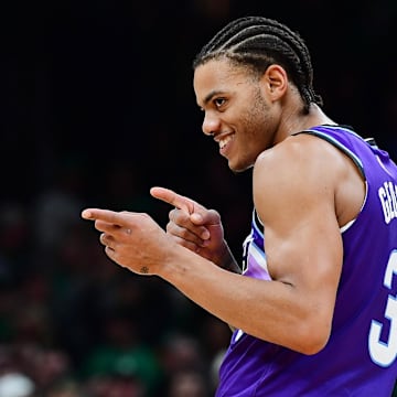 Nov 3, 2025; Boston, Massachusetts, USA; Utah Jazz guard Keyonte George (3) reacts during the second half against the Boston Celtics at TD Garden. Mandatory Credit: Bob DeChiara-Imagn Images