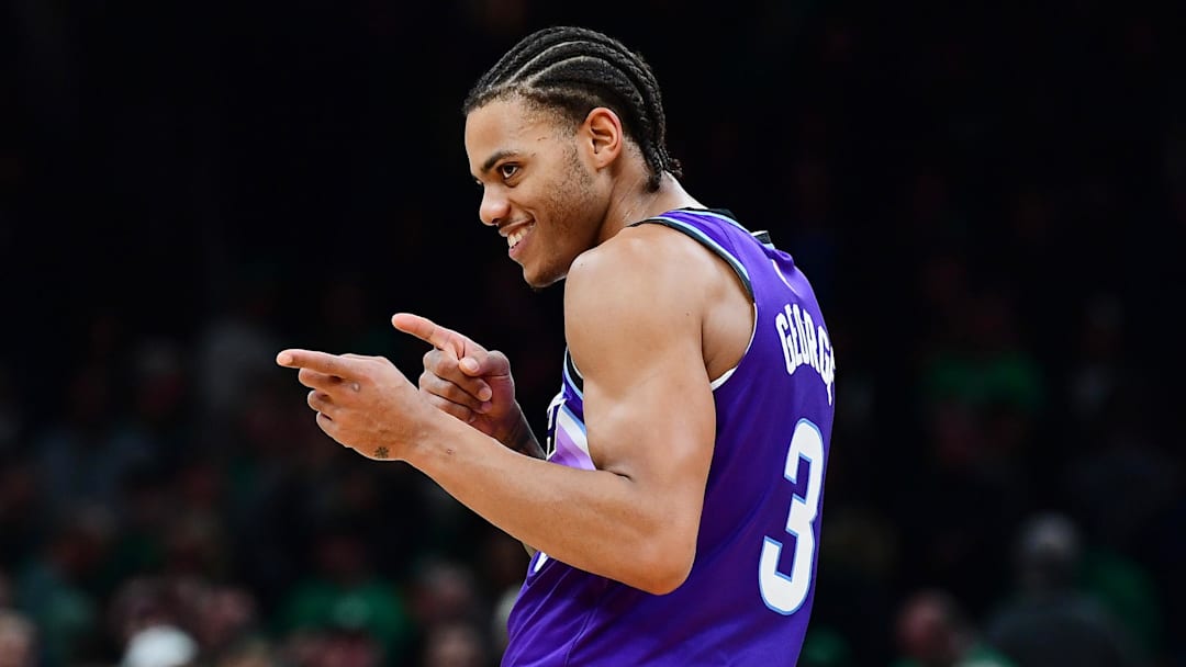 Nov 3, 2025; Boston, Massachusetts, USA; Utah Jazz guard Keyonte George (3) reacts during the second half against the Boston Celtics at TD Garden. Mandatory Credit: Bob DeChiara-Imagn Images Nov 3, 2025; Boston, Massachusetts, USA; Utah Jazz guard Keyonte George (3) reacts during the second half against the Boston Celtics at TD Garden. Mandatory Credit: Bob DeChiara-Imagn Images