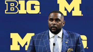 Jul 25, 2024; Indianapolis, IN, USA; Michigan Wolverines head coach Sherrone Moore speaks to the media during the Big 10 football media day at Lucas Oil Stadium. Mandatory Credit: Robert Goddin-USA TODAY Sports