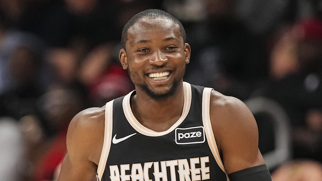 Hawks forward Jonathan Kuminga (0) reacts after making a three point shot against the Washington Wizards.