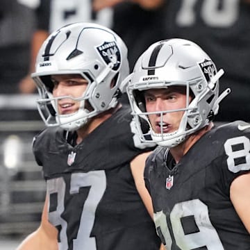 Nov 2, 2025; Paradise, Nevada, USA; Las Vegas Raiders tight end Brock Bowers (89) celebrates after a touchdown during the second half against the Jacksonville Jaguars at Allegiant Stadium. Mandatory Credit: Kirby Lee-Imagn Images