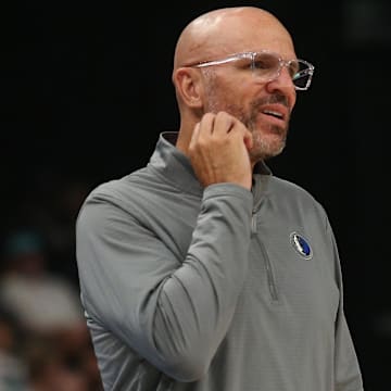 Apr 18, 2025; Memphis, Tennessee, USA; Dallas Mavericks head coach Jason Kidd during the third quarter against the Memphis Grizzlies at FedExForum. Mandatory Credit: Petre Thomas-Imagn Images