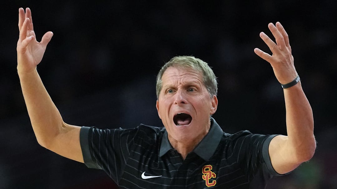 Jan 13, 2026; Los Angeles, California, USA; Southern California Trojans head coach Eric Musselman reacts against the Maryland Terrapins in the first half at Galen Center. Mandatory Credit: Kirby Lee-Imagn Images