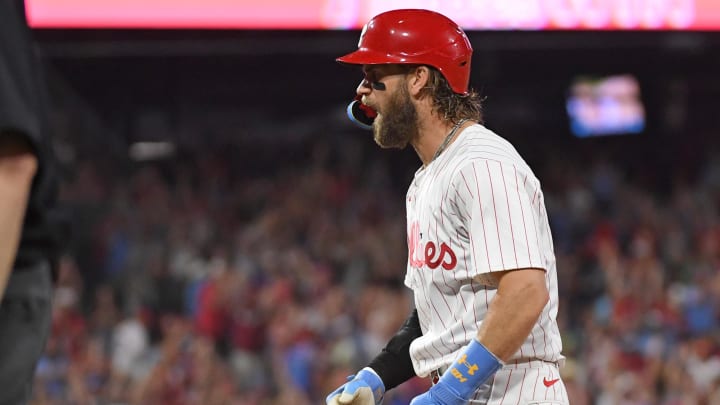 Aug 26, 2024; Philadelphia, Pennsylvania, USA; Philadelphia Phillies first base Bryce Harper (3) celebrates his walk-off single against the Houston Astros during the tenth inning at Citizens Bank Park