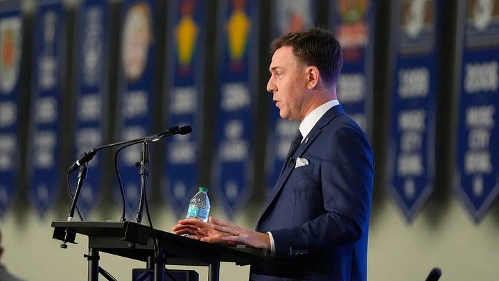 New Kentucky Wildcat head coach Will Stein makes remarks as he is introduced at Kentucky on Wednesday, December 3, 2025