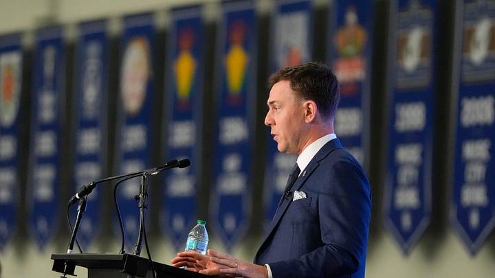 New Kentucky Wildcat head coach Will Stein makes remarks as he is introduced at Kentucky on Wednesday, December 3, 2025