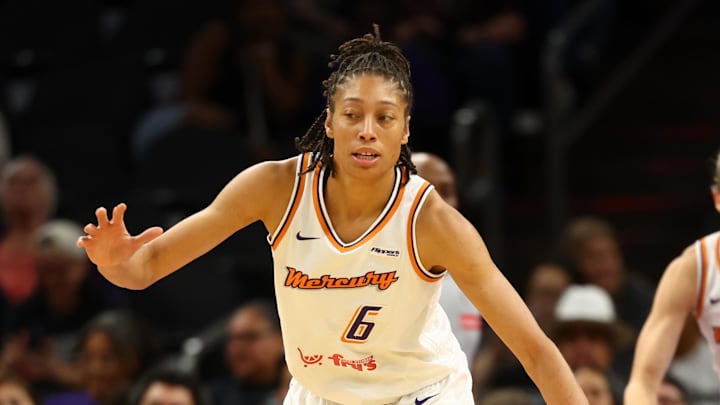 May 11, 2025; Phoenix, AZ, USA; Phoenix Mercury forward Alexis Prince (6) against the Golden State Valkyries during a preseason game at PHX Arena. Mandatory Credit: Mark J. Rebilas-Imagn Images May 11, 2025; Phoenix, AZ, USA; Phoenix Mercury forward Alexis Prince (6) against the Golden State Valkyries during a preseason game at PHX Arena. Mandatory Credit: Mark J. Rebilas-Imagn Images