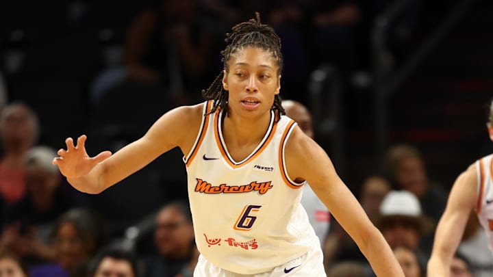 May 11, 2025; Phoenix, AZ, USA; Phoenix Mercury forward Alexis Prince (6) against the Golden State Valkyries during a preseason game at PHX Arena. Mandatory Credit: Mark J. Rebilas-Imagn Images May 11, 2025; Phoenix, AZ, USA; Phoenix Mercury forward Alexis Prince (6) against the Golden State Valkyries during a preseason game at PHX Arena. Mandatory Credit: Mark J. Rebilas-Imagn Images