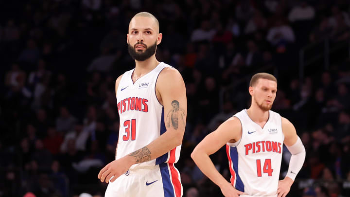 Feb 26, 2024; New York, New York, USA; Detroit Pistons guard Evan Fournier (31) and guard Malachi Flynn (14) on the court against the New York Knicks during the second quarter at Madison Square Garden. Mandatory Credit: Brad Penner-USA TODAY Sports