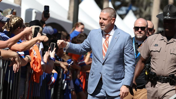 Florida head coach Billy Napier greets fans during Gator Walk before an NCAA football game against Mississippi Stateat Steve Spurrier Field at Ben Hill Griffin Stadium in Gainesville, FL on Saturday, October 18, 2025. [Alan Youngblood/Gainesville Sun]