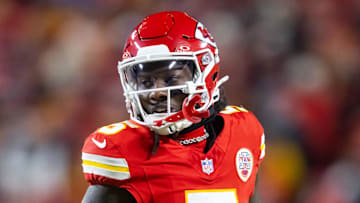 Jan 26, 2025; Kansas City, MO, USA; Kansas City Chiefs wide receiver Hollywood Brown (5) against the Buffalo Bills in the AFC Championship game at GEHA Field at Arrowhead Stadium. Mandatory Credit: Mark J. Rebilas-Imagn Images