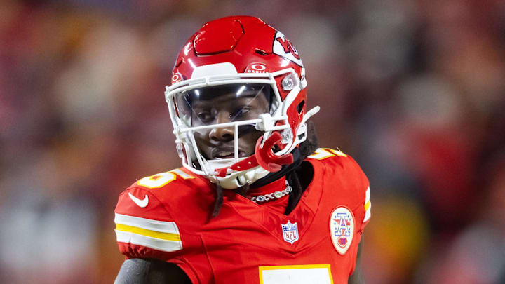 Jan 26, 2025; Kansas City, MO, USA; Kansas City Chiefs wide receiver Hollywood Brown (5) against the Buffalo Bills in the AFC Championship game at GEHA Field at Arrowhead Stadium. Mandatory Credit: Mark J. Rebilas-Imagn Images