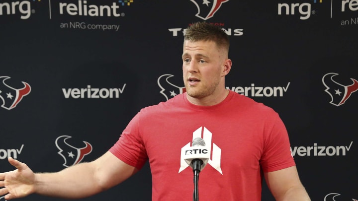 Jun 11, 2019; Houston, TX, USA; Houston Texans defensive end JJ Watt (99) talks to the media during a press conference in the media room at NRG Stadium. Mandatory Credit: Thomas B. Shea-USA TODAY Sports