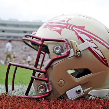 Oct 7, 2017; Tallahassee, FL, USA; View of a Florida State Seminoles helmet on the field before the game against the Miami Hurricanes at Doak Campbell Stadium. Mandatory Credit: Melina Vastola-Imagn Images