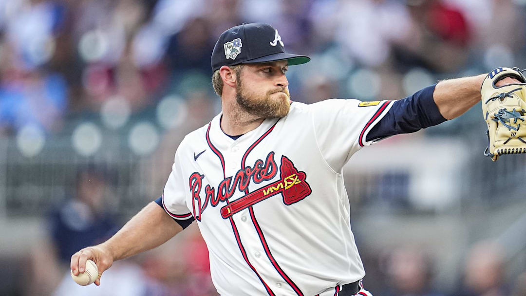 Apr 15, 2026; Cumberland, Georgia, USA; Atlanta Braves pitcher Bryce Elder (55) pitches  against the Miami Marlins during the first inning at Truist Park. All players are wearing number 42 today in honor of Jackie Robinson. Mandatory Credit: Dale Zanine-Imagn Images