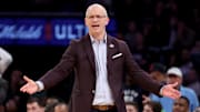 Mar 14, 2025; New York, NY, USA; Connecticut Huskies head coach Dan Hurley reacts during the second half against the Creighton Bluejays at Madison Square Garden. Mandatory Credit: Brad Penner-Imagn Images