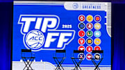 October 6, 2025; Charlotte, North Carolina, USA; The stage inside the press conference room at the 2025 ACC Basketball Tipoff, at the Uptown Hilton Hotel. The annual preseason media event is being held through Oct. 8. Mandatory Credit: Brad Bierman, The Juice Online-On SI /