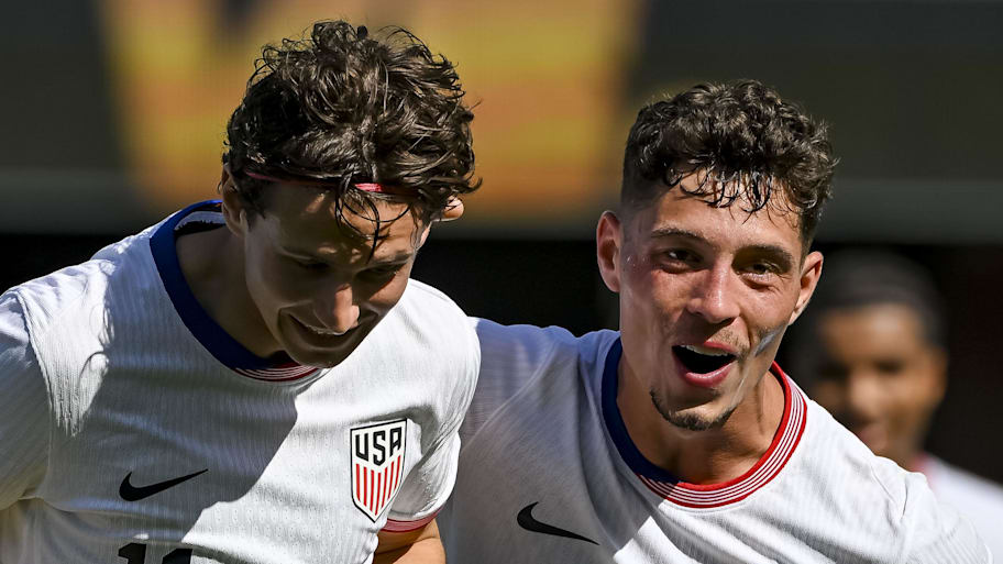 Brenden Aaronson (left) and team USA celebrates after scoring the fourth goal of the game during the second half during a group stage match of the 2025 Gold Cup at PayPal Park. | Robert Edwards-Imagn Images