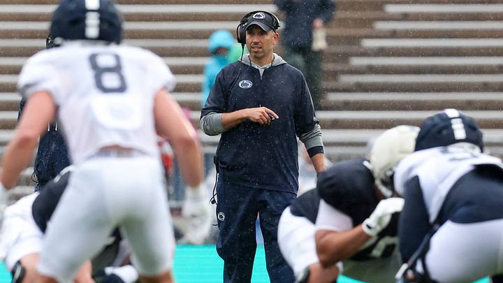 Apr 25, 2026; University Park, PA, USA; Penn State Nittany Lions head coach Matt Campbell looks on from behind the line of scrimmage during the Penn State Blue-White Spring game at Beaver Stadium. Mandatory Credit: Matthew O'Haren-Imagn Images