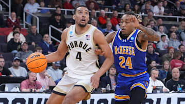 Purdue forward Trey Kaufman-Renn (4) drives to the basket against McNeese forward Christian Shumate (24) on Saturday.