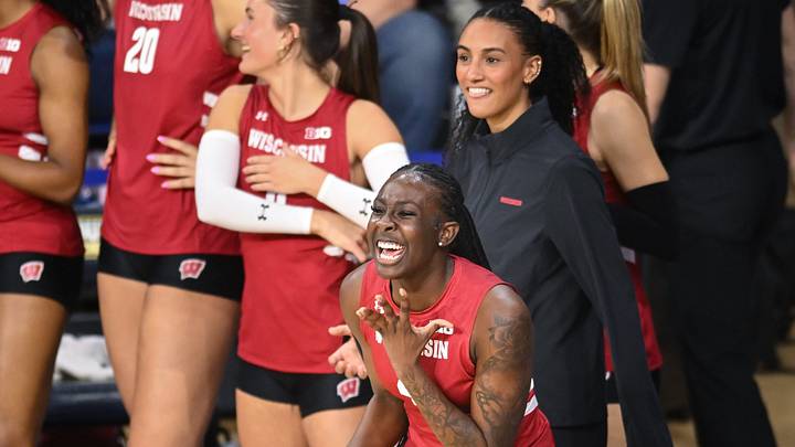 Wisconsin middle blocker Jaela Auguste (4) celebrates a point against Marquette in a spring match Monday, March 23, 2026, at the Al McGuire Center in Milwaukee, Wisconsin.