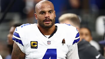 Dallas Cowboys quarterback Dak Prescott (4) looks on before the game against the New York Giants at AT&T Stadium.
