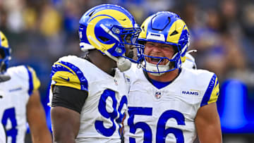 Aug 16, 2025; Inglewood, California, USA; Los Angeles Rams linebacker Keir Thomas (96) and linebacker Shaun Dolac (56) react after a successful block against the Los Angeles Chargers during the first quarter at SoFi Stadium. Mandatory Credit: Jonathan Hui-Imagn Images