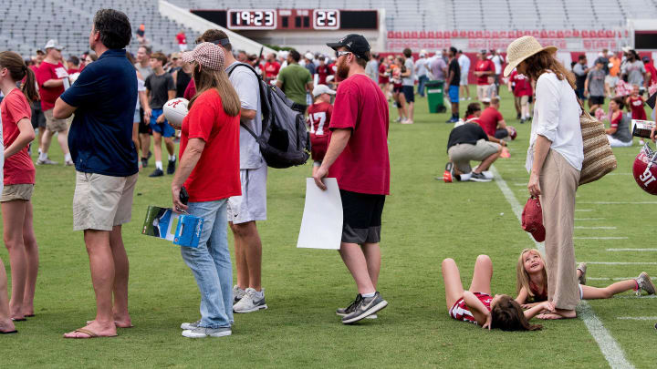 Taking a break from standing in line during the University of Alabama football fan day at Bryant-Denny Stadium in Tuscaloosa, Ala. on Saturday August 4, 2018. 

Fan15