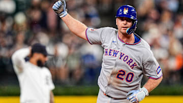 New York Mets first base Pete Alonso (20) celebrates a solo home run against Detroit Tigers during the seventh inning at Comerica Park in Detroit on Tuesday, September 2, 2025.