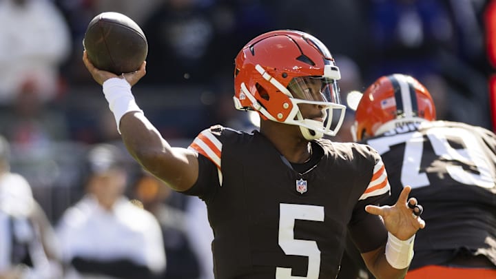 Oct 27, 2024; Cleveland, Ohio, USA; Cleveland Browns quarterback Jameis Winston (5) throws the ball against the Baltimore Ravens during the first quarter at Huntington Bank Field. Mandatory Credit: Scott Galvin-Imagn Images