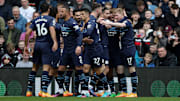 Manchester City celebrate Kevin De Bruyne's opening goal against Burnley