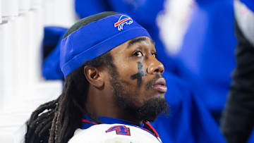 Jan 26, 2025; Kansas City, MO, USA; Buffalo Bills running back James Cook (4) reacts in the closing minutes of the game against the Kansas City Chiefs during the AFC Championship game at GEHA Field at Arrowhead Stadium. Mandatory Credit: Mark J. Rebilas-Imagn Images