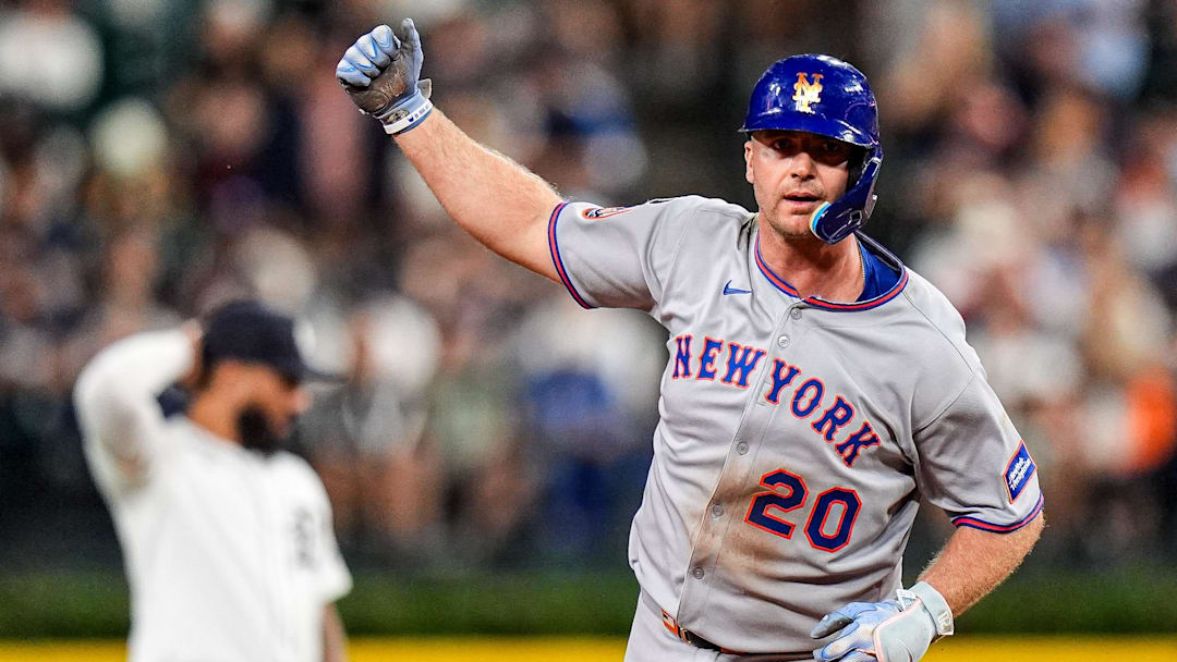 New York Mets first base Pete Alonso (20) celebrates a solo home run against Detroit Tigers during the seventh inning at Comerica Park in Detroit on Tuesday, September 2, 2025.