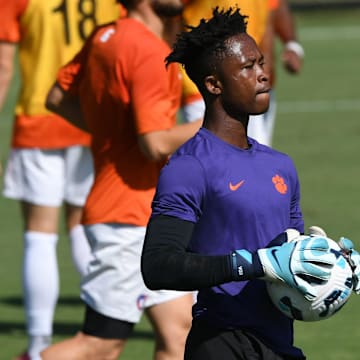 Clemson goalkeeper Joseph Andema (1) practices at he soccer practice facility in Clemson, S.C. Tuesday, August 20, 2024.