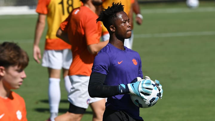 Clemson goalkeeper Joseph Andema (1) practices at he soccer practice facility in Clemson, S.C. Tuesday, August 20, 2024.