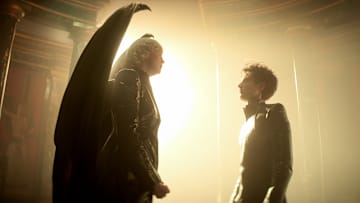 The Sandman. (L to R) Gwendoline Christie as Lucifer Morningstar, Tom Sturridge as Dream in episode 104 of The Sandman. Cr. Courtesy of Netflix © 2022