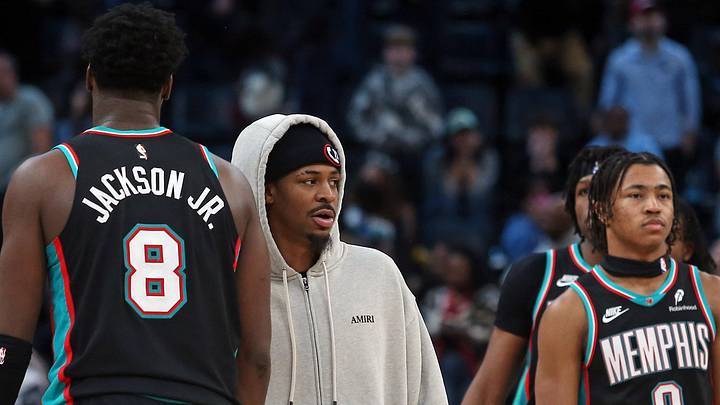 Jan 9, 2026; Memphis, Tennessee, USA; Memphis Grizzlies guard Ja Morant (right) reacts with Memphis Grizzlies forward/center Jaren Jackson Jr. (8) after the game against the Oklahoma City Thunder at FedExForum. Mandatory Credit: Petre Thomas-Imagn Images